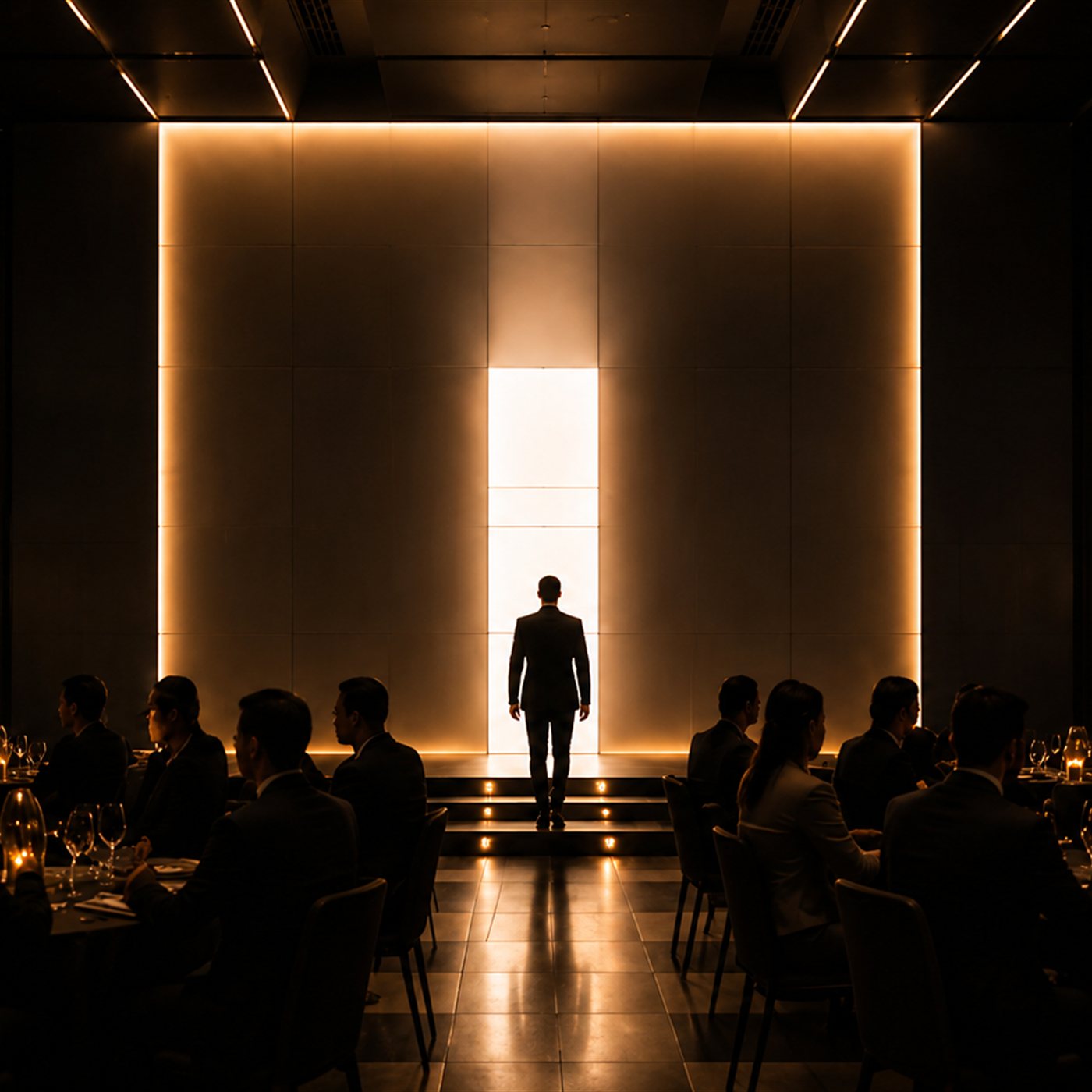 Un homme en costume devant un mur lumineux, salle de dîner en silhouette